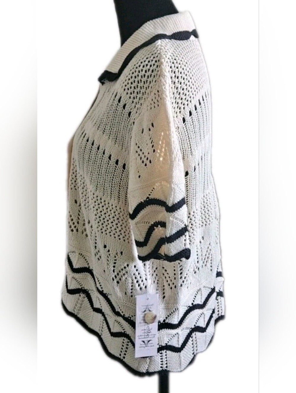 Nanette Lepore NWT Open Knit Cardigan Sweater Cream Black Scallop Trim Size M. - Picture 5 of 8